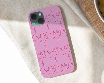 Arte minimalista de líneas finas que dibuja caras curiosas, garabatos simples y modernos en una funda de teléfono delgada y brillante de color rosa