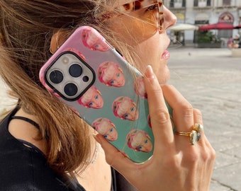 Funda para teléfono resistente y brillante con diseño vintage de Barbie Pop Art de los años 90 en degradado rosa y verde.