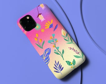 Hermosas flores de fantasía, lindas plantas silvestres ilustradas en un colorido gradiente de arco iris, funda de teléfono delgada y brillante