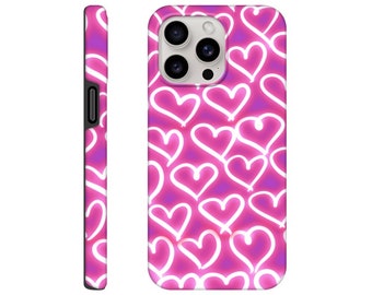 Estuche para teléfono resistente y brillante con diseño de corazones, pintura en aerosol de neón rosa, arte callejero, estilo grafiti urbano, aerógrafo Love