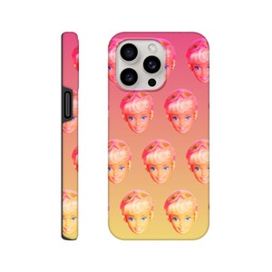 Vintage Barbie Pop Art 90er Ikone Ski Puppe auf Gelb Pinken Verlauf, glänzende robuste Handyhülle