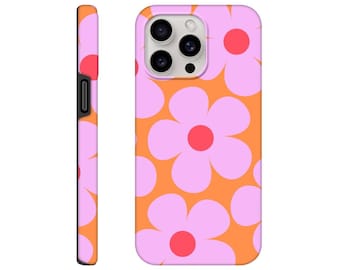 Funda para teléfono resistente y brillante con flores de verano vintage de los años 70, ilustrada con margaritas rosas y rojas pastel sobre naranja.