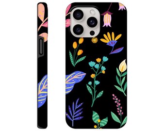 Hermosas plantas de fantasía, flores silvestres ilustradas en negro, funda para teléfono resistente y brillante.
