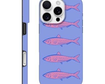 Ilustración de sardinas italianas rosas sobre una funda de teléfono resistente y brillante de color azul violeta.