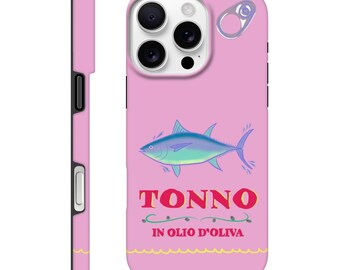 Lata de atún vintage italiana Tonno in olio d’oliva sobre una funda para teléfono resistente, rosa y brillante.
