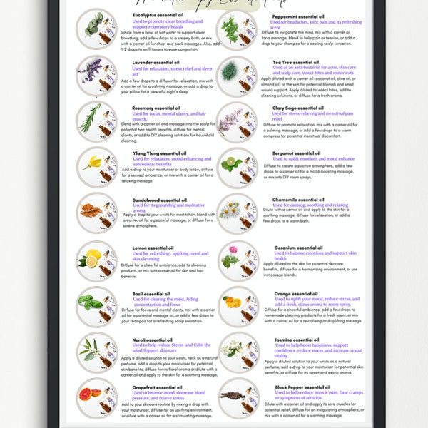 Aromatherapy poster with essential oil list, holistic printable pdf download