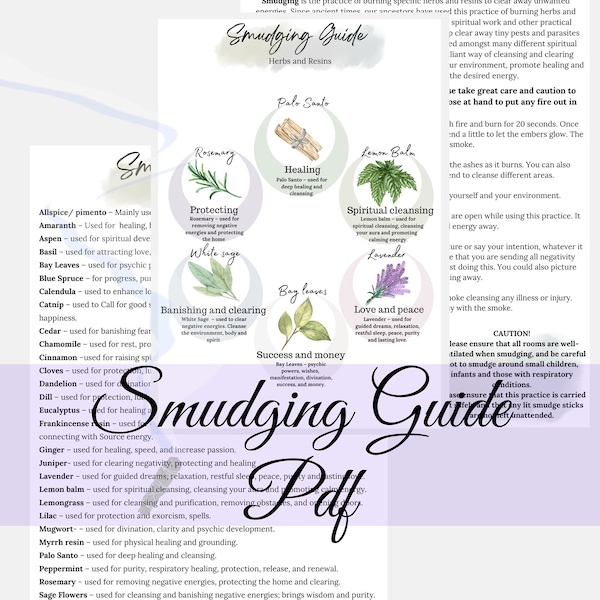Smudging Guide / smudging herbs / ritual prints / cleansing guide / herbs for smudging A4 digital guide prints