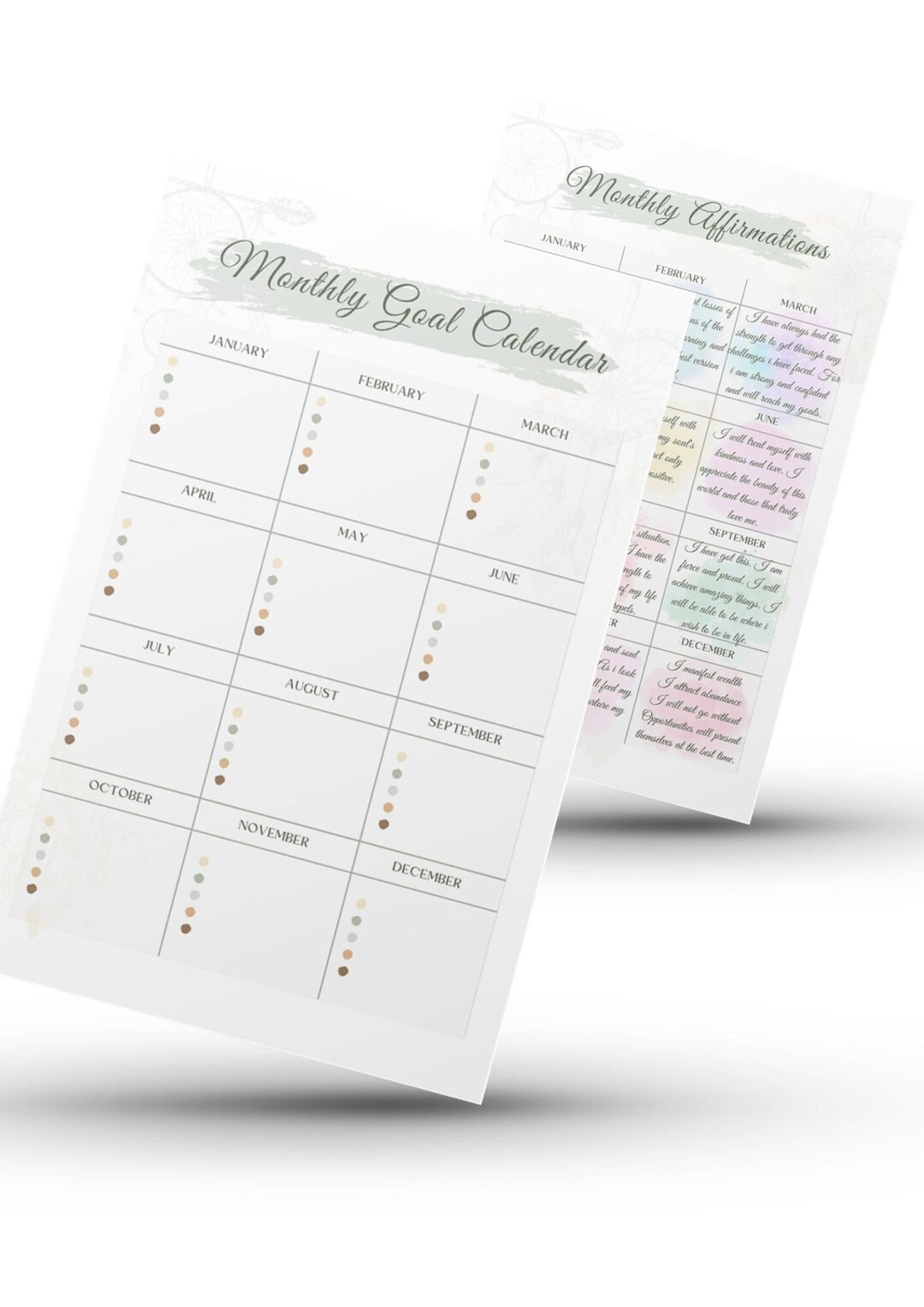Goals and Targets Calendar, Monthly PDF Affirmations Chart. Write