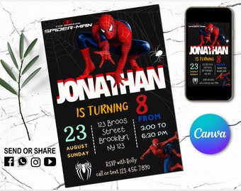 Spiderman Birthday Invitation - Kids Digital invitation - Spiderman Party Invite - Editable in Canva - Modern Birthday Template Printable