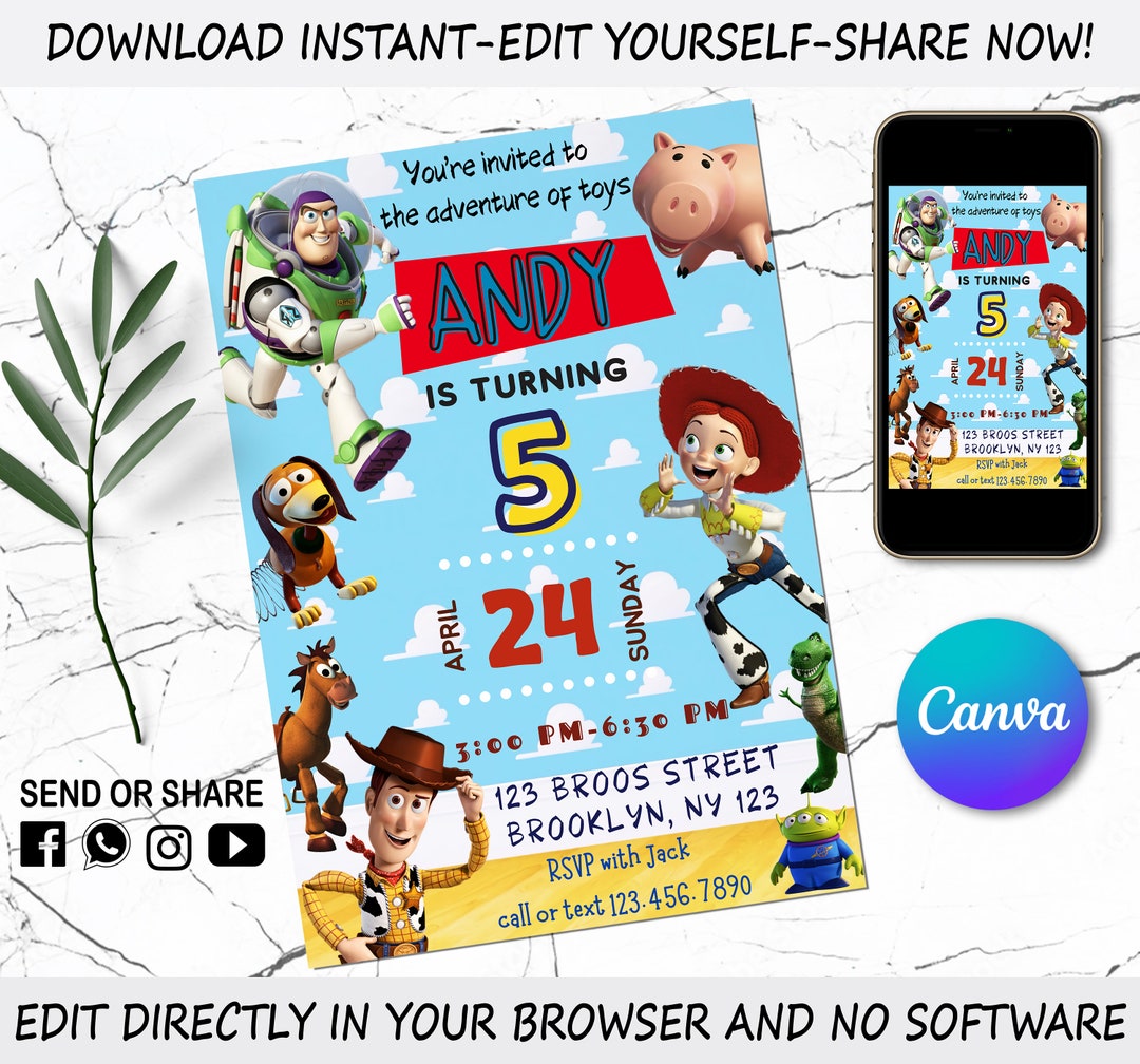 Toy Story Birthday Invitation Kids Digital Invitation Toy Etsy