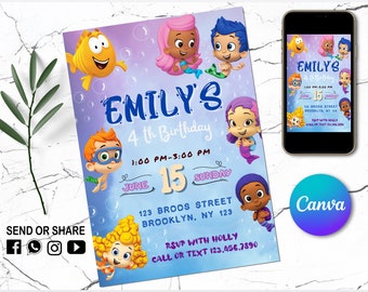 Bubble Guppies Invitation - Kids Digital invite - Digital  Bubble Invite - Editable in Canva - Modern Birthday Template Printable