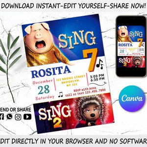 Sing Movie 2 Birthday Invitation - Kids Digital invite - Digital Sing Movie Invite - Editable in Canva - Modern Birthday Template Printable