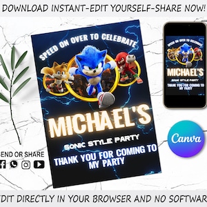 Sonic the Hedgehog Thanks Card - Kids Digital Card - Digital Sonic Invite - Editable in Canva - Modern Birthday Template Printable
