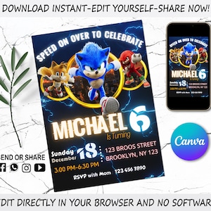 Sonic the Hedgehog Birthday Invitation - Kids Digital invite - Digital Sonic Invite - Editable in Canva - Modern Birthday Template Printable