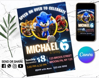 Sonic the Hedgehog Verjaardagsuitnodiging - Kids Digital invite - Digital Sonic Invite - Bewerkbaar in Canva - Moderne verjaardagssjabloon Afdrukbaar