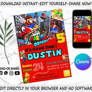 Invito Super Mario - Invito digitale per bambini - Invito a una festa di Mario Bros - Modificabile in Canva - Modello di compleanno moderno stampabile