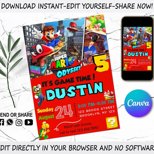 Super Mario Einladung - Digitale Einladung für Kinder - Mario Bros Party Invite - Bearbeitbar in Canva - Modern Birthday Template Printable