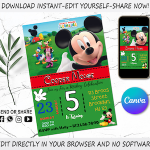 Invito di compleanno di Topolino - Invito digitale per bambini - Invito a una festa di Topolino - Modificabile in Canva - Modello di compleanno moderno stampabile