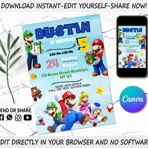 Super Mario Einladung - Digitale Einladung für Kinder - Mario Bros Party Invite - Bearbeitbar in Canva - Modern Birthday Template Printable