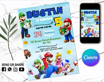 Invitación de Super Mario - Invitación digital para niños - Invitación a fiesta de Mario Bros - Editable en Canva - Plantilla de cumpleaños moderna imprimible