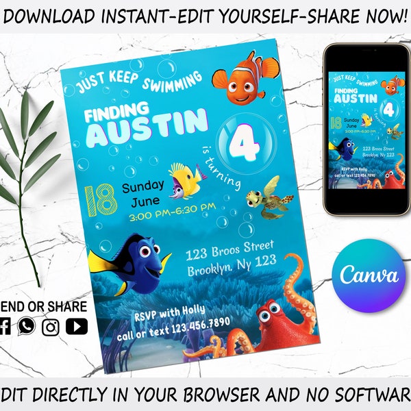 Finding Dory Einladung - Digitale Einladung für Kinder - Digital Finding Nemo Invite - Bearbeitbar in Canva - Moderne Geburtstagsvorlage zum Ausdrucken