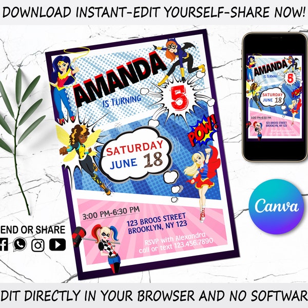 Superhero Girls Invitation - Kids Digital invitation -Girls Party Invite - Editable in Canva - Modern Birthday Template Printable