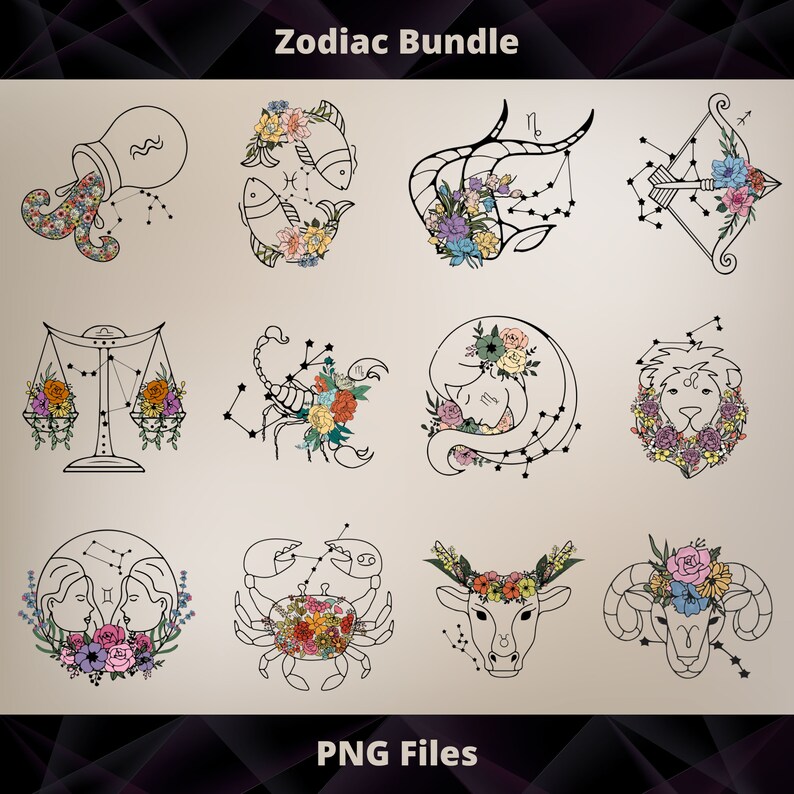 Zodiac Sign Pngfloral Zodiac Sign Astrology Pngflower Etsy