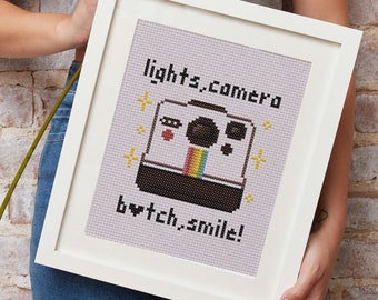 Lights Camera Smile Cross Stitch Pattern: Polaroid Design (PDF Pattern)