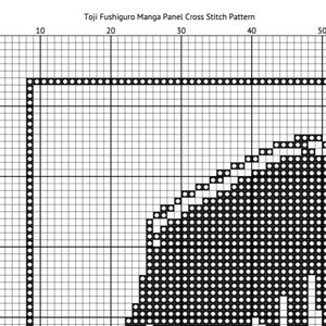 May include: Black and white cross stitch pattern of a manga character's hair. The pattern is on a grid with numbers along the top and side.