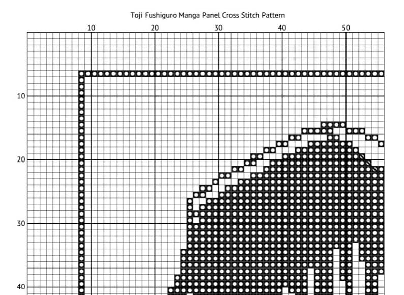 May include: Black and white cross stitch pattern of a manga character's hair. The pattern is on a grid with numbers along the top and side.