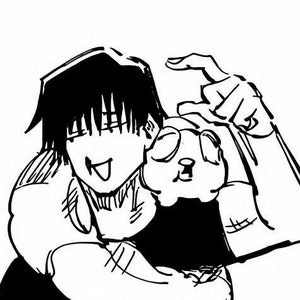 May include: Black and white illustration of a person with short black hair holding a small, round, white animal with a black nose and eyes.