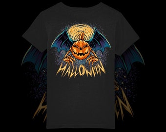 May include: Black t-shirt with a graphic of a pumpkin with bat wings and the word "HALLOWEEN" in a stylized font.