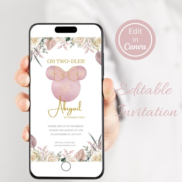 Digital Boho Minnie Mouse Birthday Invitation, Oh TWOdles Minnie invite, Floral Minnie Pink Gold Invite, Instant Electronic Birthday Invite