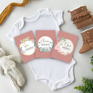 Cartes d'étape mensuelles Dusty Pink | Cartes d'étape mensuelles imprimables | Cadeau Babyshower | Ensemble de cartes Milestone 1-12 mois