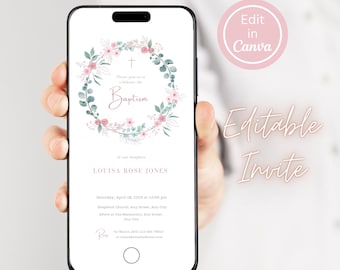 Plantilla de invitación electrónica Boho de bautismo, Descarga digital editable de flor de bautismo, Evite niña de bautismo, Invitación telefónica, Bautismo editable