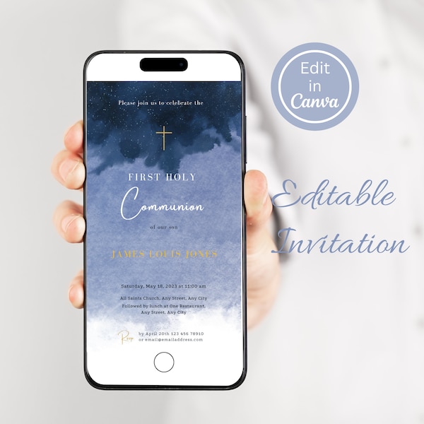 First Holy Communion Electronic Invitation Template, Communion Blue Editable Digital Download, 1st Communion Boy Evite, Phone Invitation