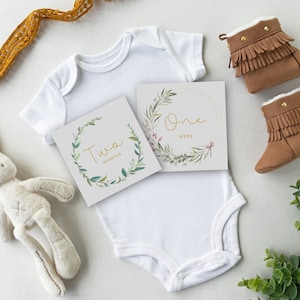 Cartes d'étape mensuelles vertes et dorées | Cartes d'étape imprimables | Cadeau Babyshower | Ensemble de cartes Milestone 1-12 mois | 1 à 3 semaines