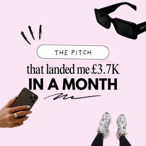 Op de afbeelding: Een roze achtergrond met de tekst "THE PITCH" en "that landed me £3.7K IN A MONTH". De afbeelding bevat een zwarte zonnebril, een smartphone en een paar witte en zilveren sneakers.