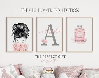 Estampas de moda para adolescentes | Decoração de parede glamourosa para quarto de menina personalizada | Estampa de rosas perfumadas | Decoração de quarto de menina rosa blush e cinza