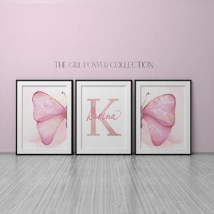 Butterfly Prints Set of 3 | Watercolor Butterfly Wings Wall Art | Personalized Name Sign | Pink Girls Bedroom | Butterfly Nursery Decor