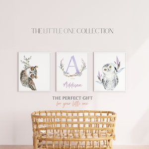 Owl Personalized Prints | Girl Nursery Wall Art Decor | Woodland Animals Set of 3 |Printable Digital Download |Watercolor Baby Animal Prints