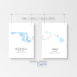 Impressions d'état et de ville personnalisées | Lot de 2 impression couple n'importe où | Localisation de la ville Imprimer | Impression de carte d'état | Impression des coordonnées de la carte à l'aquarelle