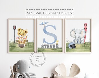Personalized Football Nursery Prints, Baby Sports Animals (Set of 3) (Digital Download)