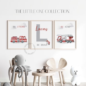 Fire Truck Prints, Personalized | Rescue Vehicle Posters, Set of 3 | Firefighter Truck Nursery Wall Art |Boy Room Decor |Vehicle Posters