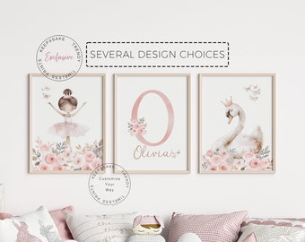 Ballerina Swan Nursery Prints | Floral Ballet, Personalized Wall Art (Set of 3)