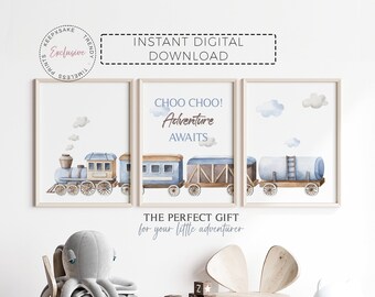 Watercolor Train Toddler Prints Set of 3 | Adventure Awaits Printable Wall Art