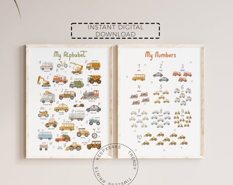 Transportation Alphabet & Numbers Print | Vehicle ABC, Nursery Decor (Digital Download)