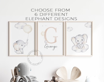 May include: Three framed watercolor prints featuring a cute elephant design. The prints are in a nursery setting with a gray octopus toy, a wooden chair, and a white bear toy. The text on the prints reads "Choose from 6 different elephant designs" and "G George".
