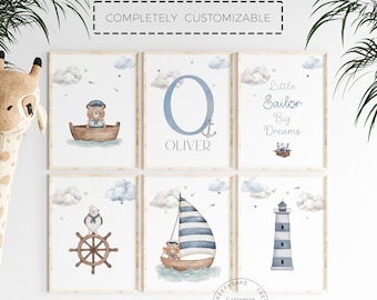 Personalized Nautical Nursery Art – Teddy Bear, Sailboat Prints (Digital Download)