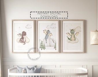 Set of 3 Baby Dragon Nursery Prints |Boy Room Printable Wall Art |Fantasy Nursery Decor |Baby Boy Dragon Nursery Decor |Neutral Dragon Decor